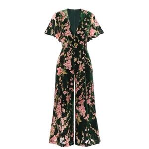 Emerald and Salmon Floral Jumpsuit with Flutter Sleeves